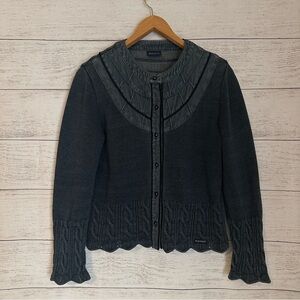Blue Willi’s Demin Blue Scalloped Cardigan Sweater.